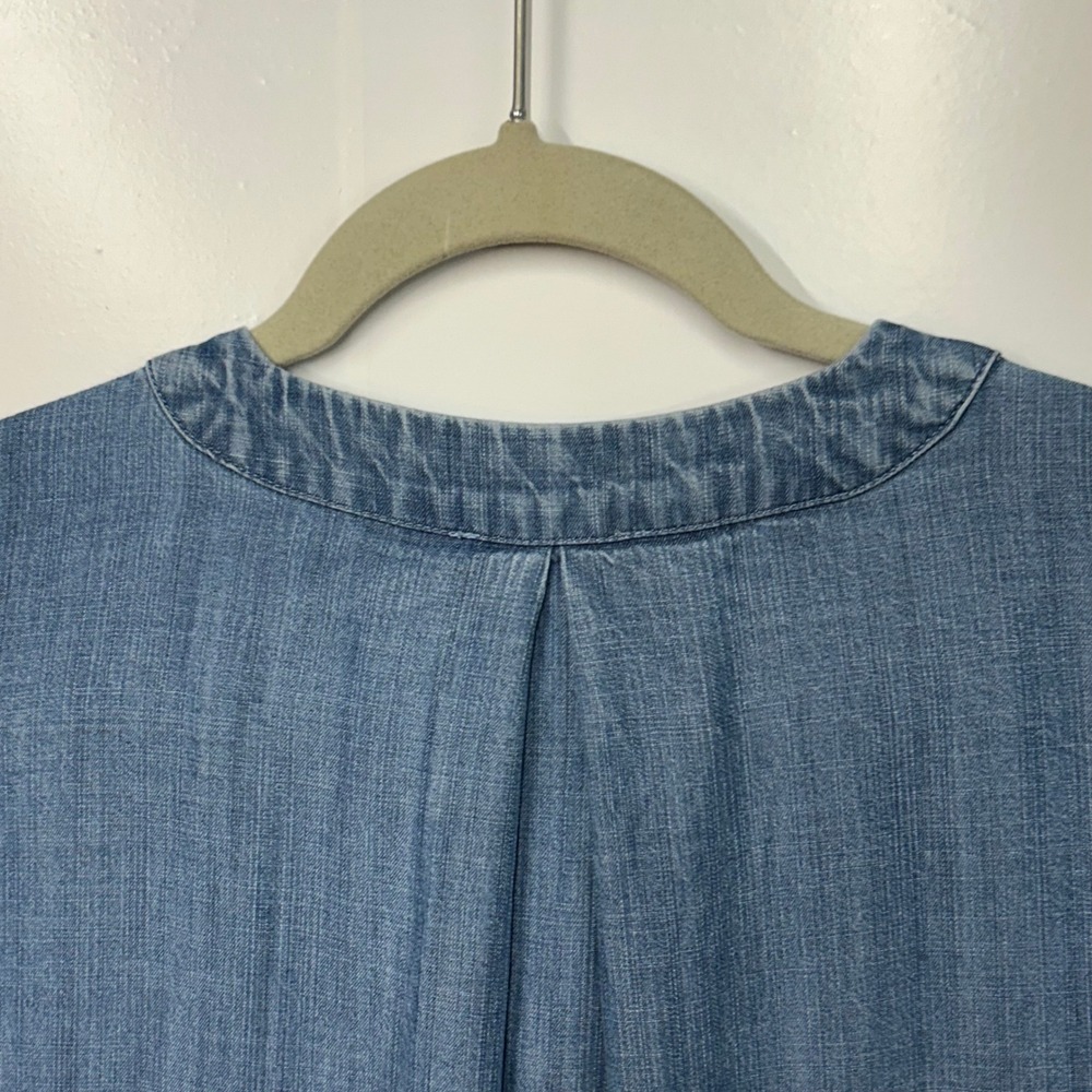 LOFT Outlet Medium Blue Lyocell V-Neck Shift Dress with Pockets Cottagecore - Picture 8 of 11